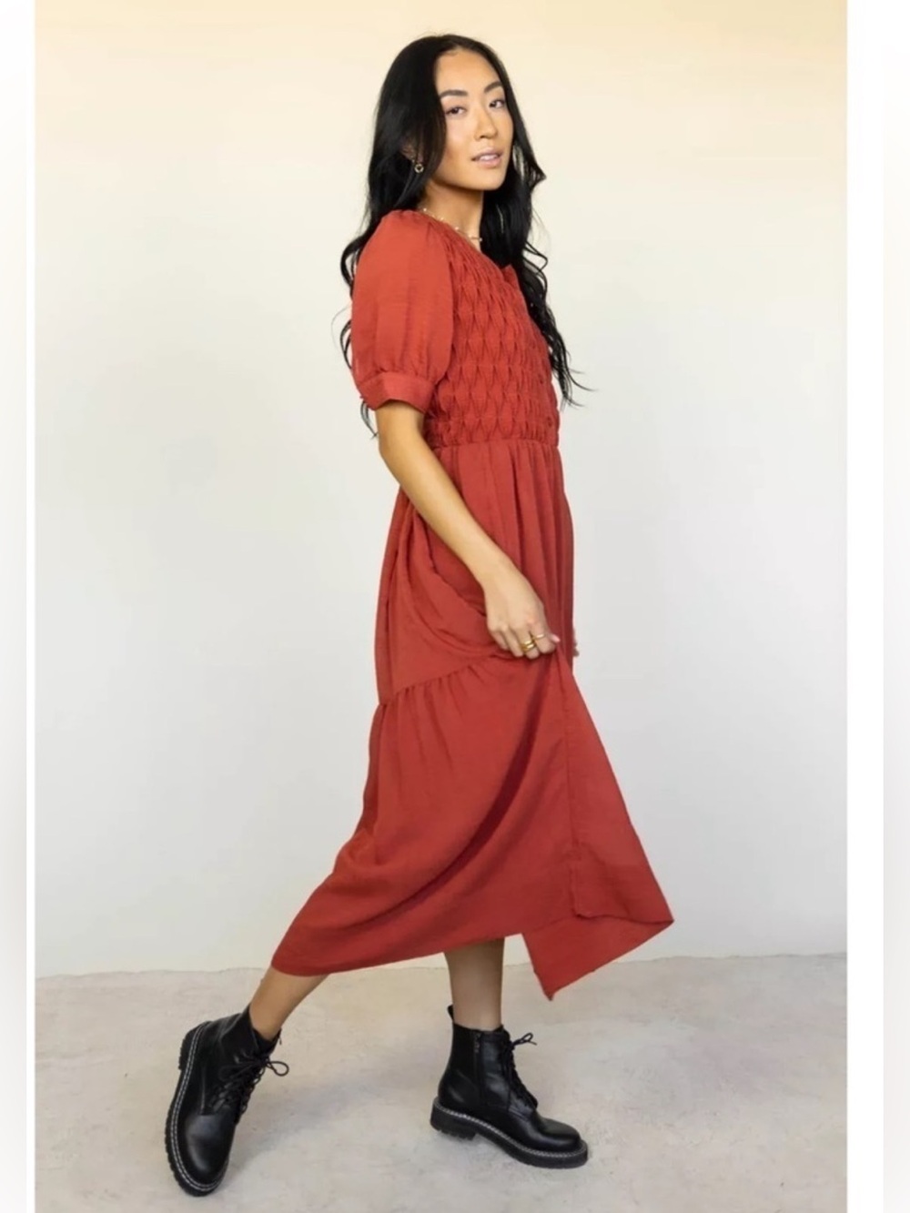 Bohme Lauren Tiered Smocked Midi Dress Boho Peasant Small Rust